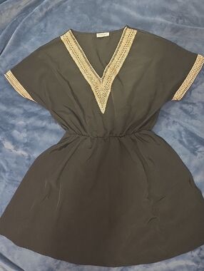 Women’s Black Midi Dress with Cream Crochet Trim - Elastic Waist